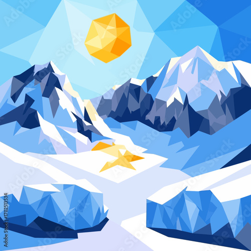 Low poly illustration of snowy mountains under a bright sun in daytime.