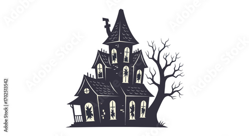 Spooky Haunted House Silhouette with Glowing Windows and Gnarled Tree.