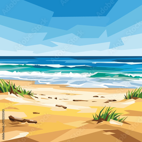 Beach scene with sand dunes ocean waves and blue sky illustration.
