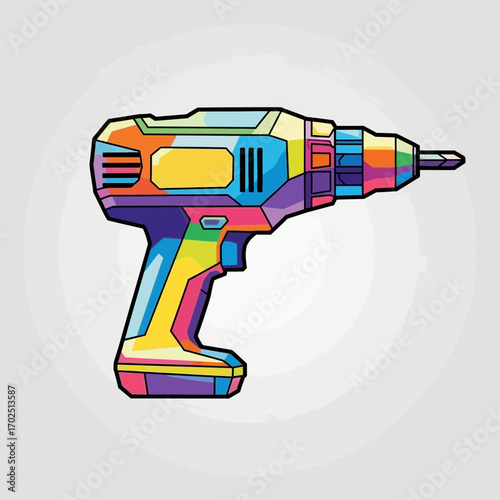 Colorful power drill illustration on a light gray background.