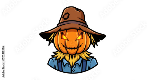 Cartoon Scarecrow with Pumpkin Head and Hat Glowing Eyes.
