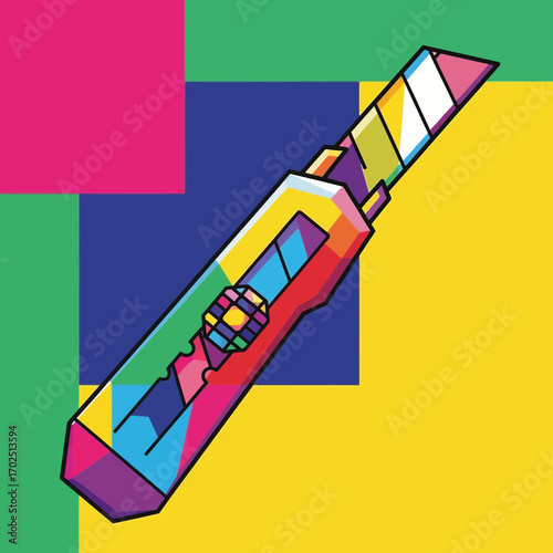 Colorful box cutter on a background of bright squares.