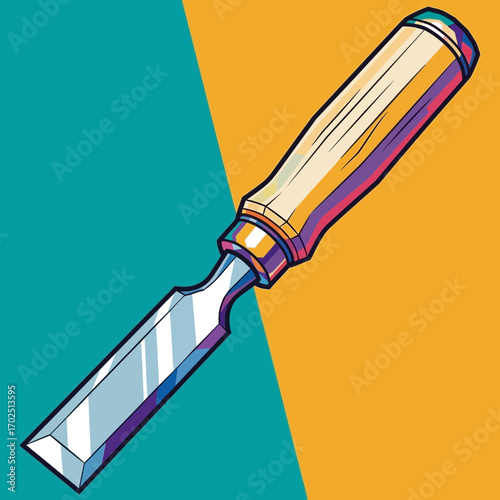A chisel tool with a wooden handle on a teal and orange background.