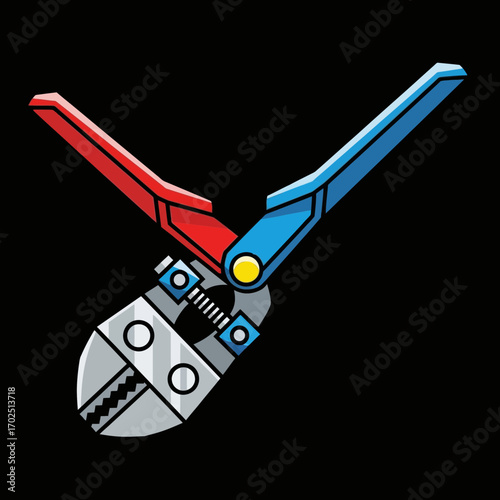 Bolt cutters tool with red and blue handles on a black background.