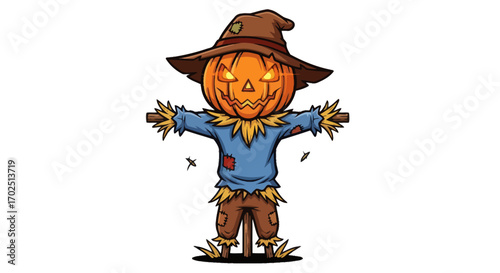 Cartoon Scarecrow with Pumpkin Head and Straw Arms.