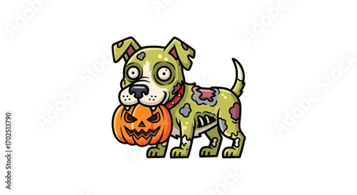 Cute cartoon zombie dog with green skin and stitches holding a spooky Halloween jack-o-lantern.