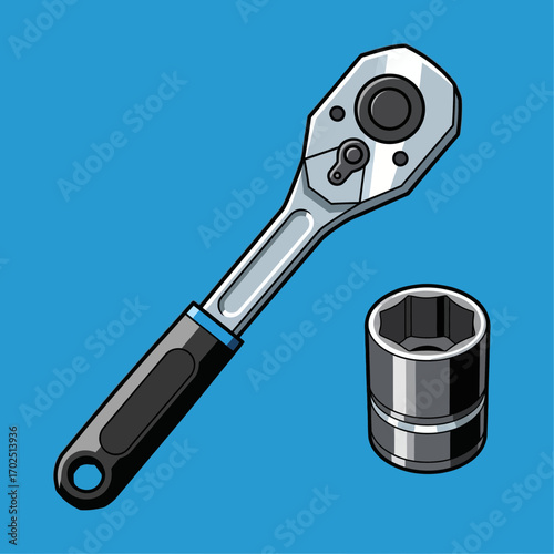 Ratchet wrench and socket isolated on a blue background in cartoon style.