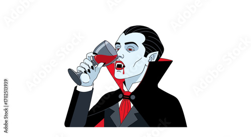 Cartoon Vampire Drinking Red Liquid from a Glass.