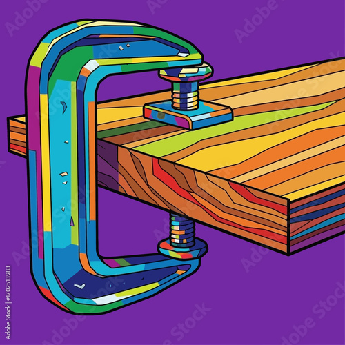 Metal clamp secures wood plank against purple background illustration style.