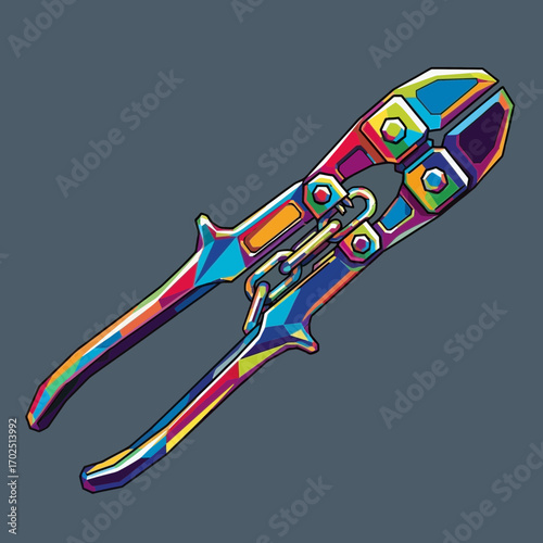 Colorful bolt cutters tool on a gray background.