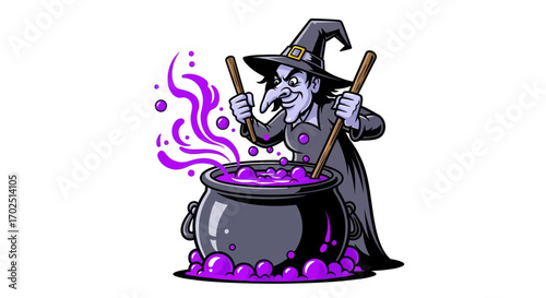 Wicked Witch Stirring Purple Potion in Cauldron.