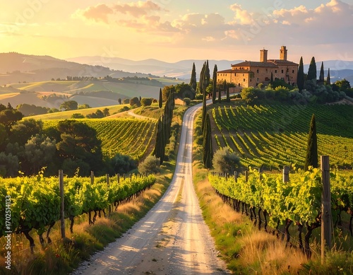Picturesque sunset over Tuscany vineyard landscape with castle on hilltop