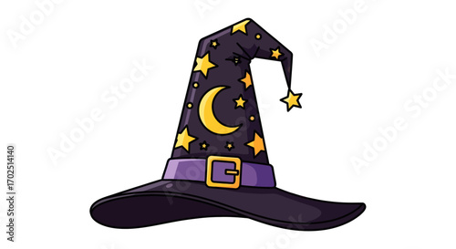 Dark purple witchs hat adorned with yellow stars crescent moon and a purple buckle band.