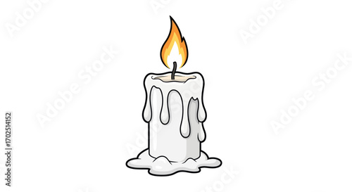 A lit white candle with dripping wax and a bright flame.