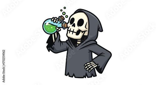 Cartoon Grim Reaper Drinking Green Potion from Flask.