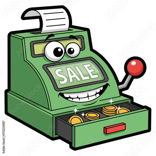 Cartoon cash register with a smiling face and the word "sale" on it.