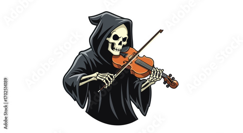 Grim Reaper Skeleton Playing a Violin with Black Hooded Robe.