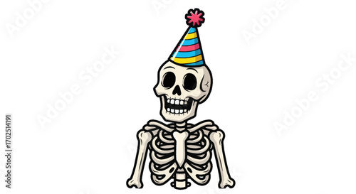 Cartoon Skeleton Bust Wearing a Colorful Party Hat with Pompom.