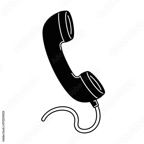 Black telephone receiver with cord isolated on white background simple illustration.