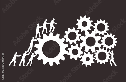 Teamwork illustration with people pushing gears, business collaboration, productivity, cooperation, unity, leadership, organization, problem solving, corporate success, synergy