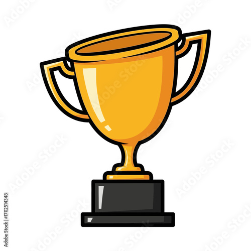 A golden trophy with handles sits on a black base illustration.