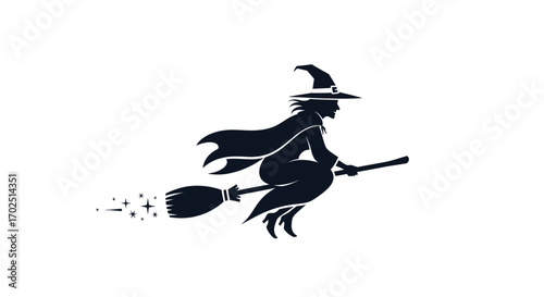 Silhouette of a Witch Flying on a Broom.