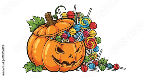 Halloween Pumpkin Candy Bucket with Lollipops and Sweets Festive Treat Container.