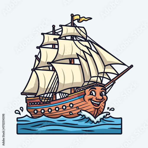 Cartoon sailing ship with a face on the hull sails on water.