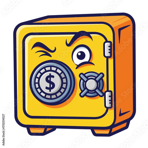 Cartoon yellow safe with a dollar sign winking with an angry expression.