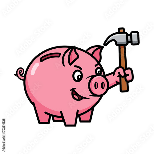 Cartoon pig holding hammer ready to break piggy bank savings concept.