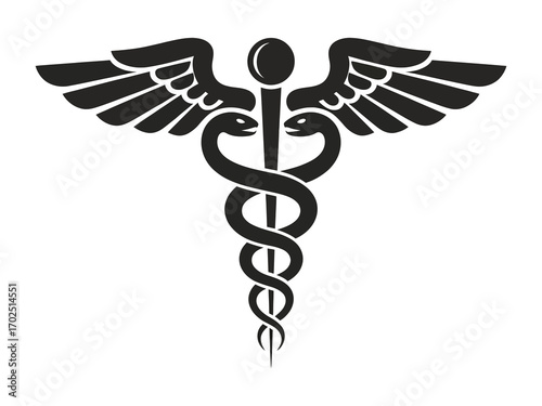 Elegant black silhouette of the Caduceus symbol with two intertwined snakes and wings. A classic emblem representing medicine, healthcare, pharmacy, and emergency services