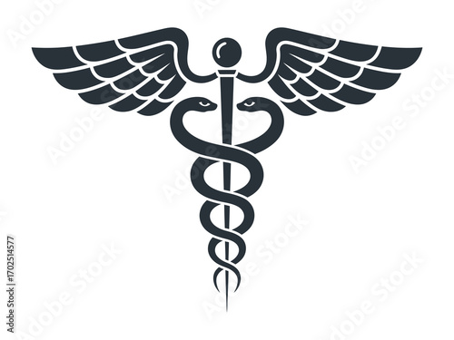 Elegant Caduceus medical symbol with entwined snakes and a winged staff, isolated vector graphic illustration