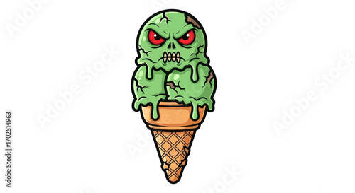Cartoon illustration of a monstrous green zombie ice cream cone with glowing red eyes.
