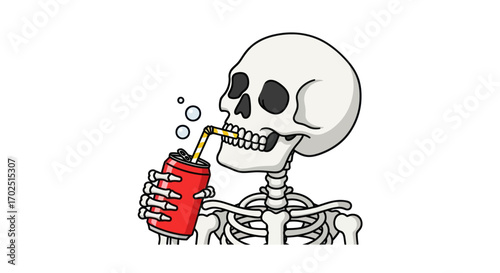 Cartoon Skeleton Enjoying a Refreshing Drink from a Red Can.