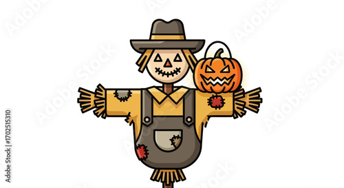 Cartoon Scarecrow with Pumpkin Wearing Overalls and Hat.