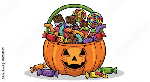 Pumpkin Basket Overflowing with Halloween Candy Lollipops Chocolate and Wrapped Sweets.
