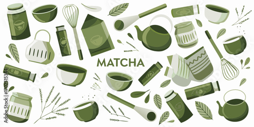 Collection of matcha tea ceremony elements and ingredients in shades of green