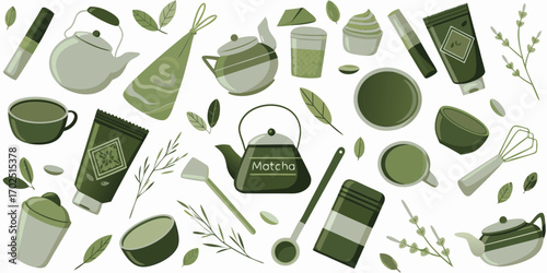 A delightful collection of matcha tea elements including teapots cups and accessories in various shades of green