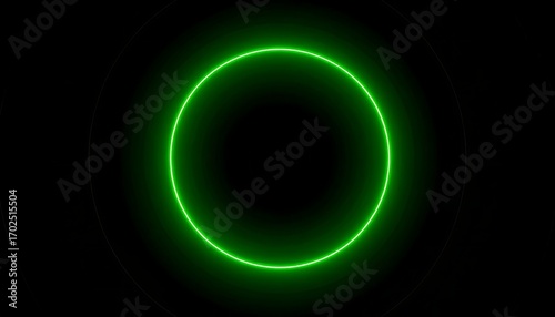 A bright green neon circle glows against a deep black backdrop with concentric faint rings around it, creating an optical illusion