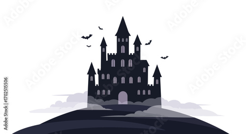 Spooky silhouette of a gothic castle on a hill with bats flying.