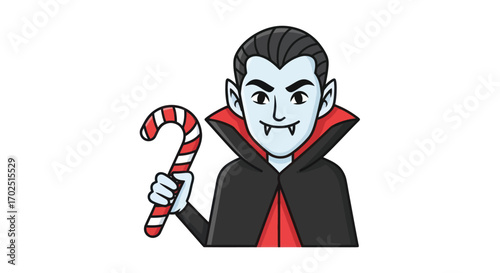 Cartoon Vampire Holding Candy Cane Halloween Illustration.