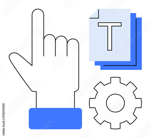 Index finger pointing up alongside document stack and a gear. Ideal for automation, customization, service, technology, content creation, productivity tools, simple landing page
