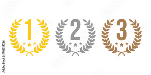 Ranking Medal Vector Set. Gold, Silver, Bronze Laurel Wreaths. Award Badge Vector Pack. 1st 2nd 3rd Place Laurel Icons