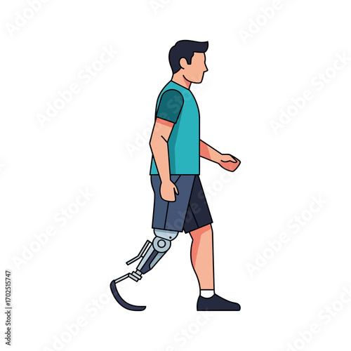 A person with a prosthetic leg walking, side view, in a casual outfit.