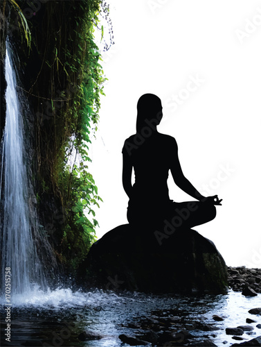 Silhouette of a woman meditating by a waterfall on a rock Keywords: woman, meditation, yoga, silhouette, waterfall, nature, rock, water, stream, lush, green, foliage, peaceful, serene, calm