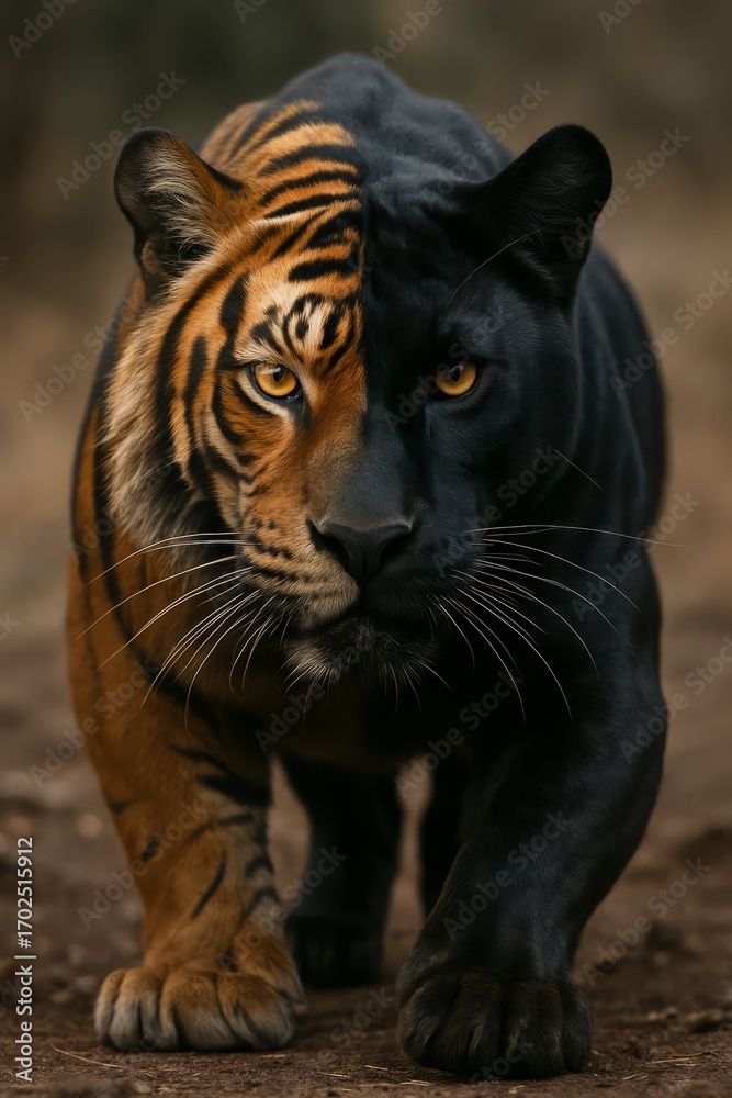 Obraz premium Tiger with a black stripe on its face. The tiger is walking on a dirt path