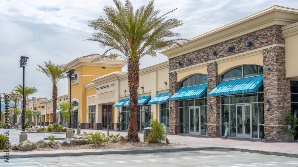 Obraz premium Commercial Retail Space in a Modern Outdoor Shopping Center with Palm Trees on Sunny Day