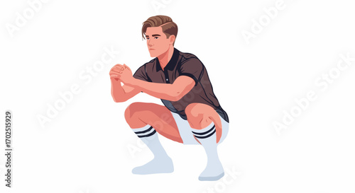 Energetic young man performing squats powerfully against a white background