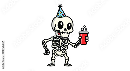 Cartoon Skeleton Celebrating with Party Hat and Drink.