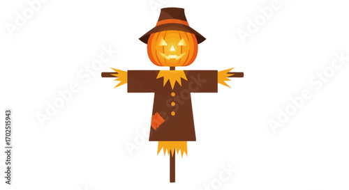 A spooky Halloween scarecrow with a glowing jack-o-lantern head and a brown coat.